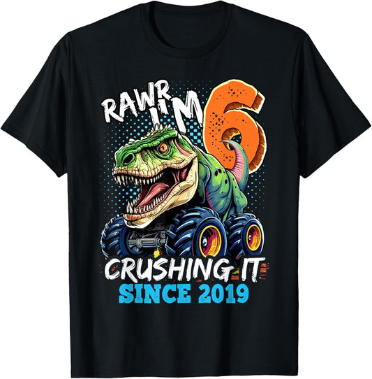 6th Birthday Monster Truck Dinosaur Party Boys Rawr I'm 6 T-Shirt