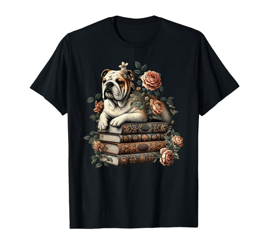 Cottagecore Aesthetic Floral English Bulldog Dog Books T-Shirt