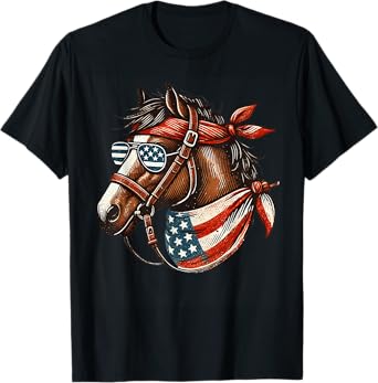 Horse 4th of July Shirt Men Boys Horse American USA Flag Tee T-Shirt