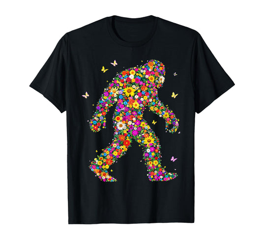 Bigfoot with Flowers - Retro Floral Sasquatch Believers T-Shirt