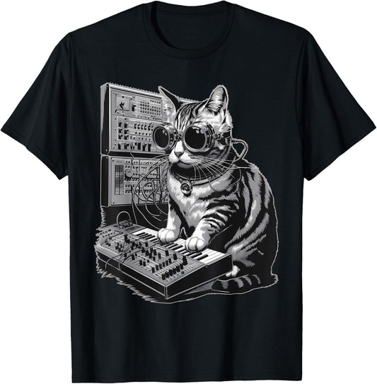 Steampunk Cat playing Synthesizer Synth Kitten Techno Music T-Shirt