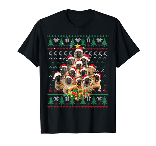 English Mastiff Christmas Tree Ugly Sweater Dog Xmas T-Shirt for Men Women Kids
