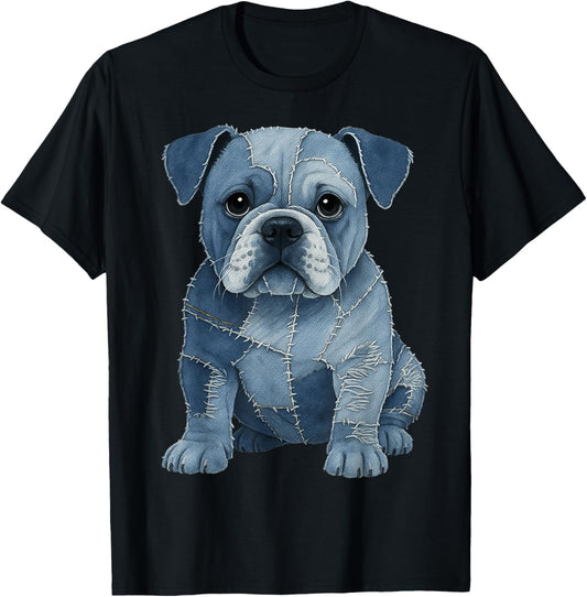 Cute Dog Men Women Dog Pattern Denim Patchwork Art T-Shirt