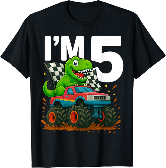 I'm 5 5th Birthday T Rex Dinosaur Monster Trucks Kids Party T-Shirt