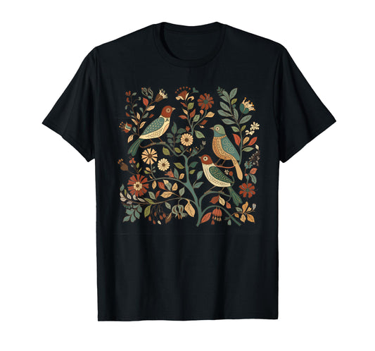 Cottagecore Birds and Flowers Folk Art Scandi Art Women T-Shirt