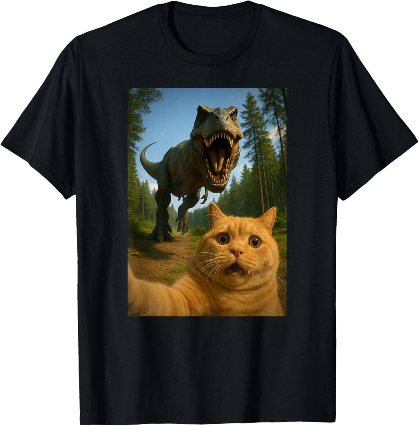 Funny Orange Cat Selfie Dinosaur Trex Animal Lover Mom Dad T-Shirt
