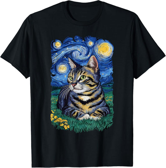 Van Gogh Cat Gifts Tabby Cat Owners Cat Lady Black Men Cat T-Shirt