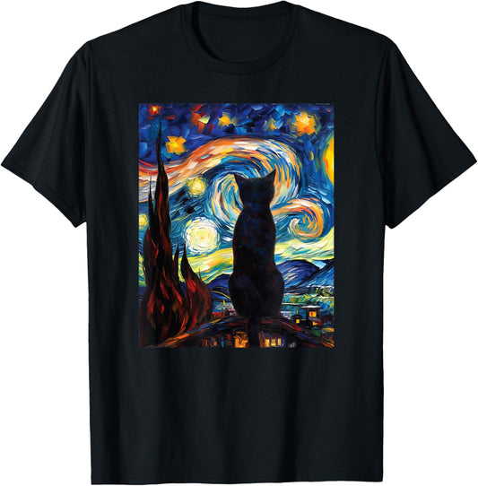 black cat Painting art Starry Night kitty kitten Van Gogh T-Shirt