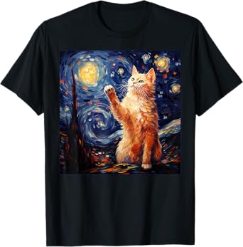 Art Van Gogh Starry Night Cat Gifts for Cats Lover Mom Dad T-Shirt