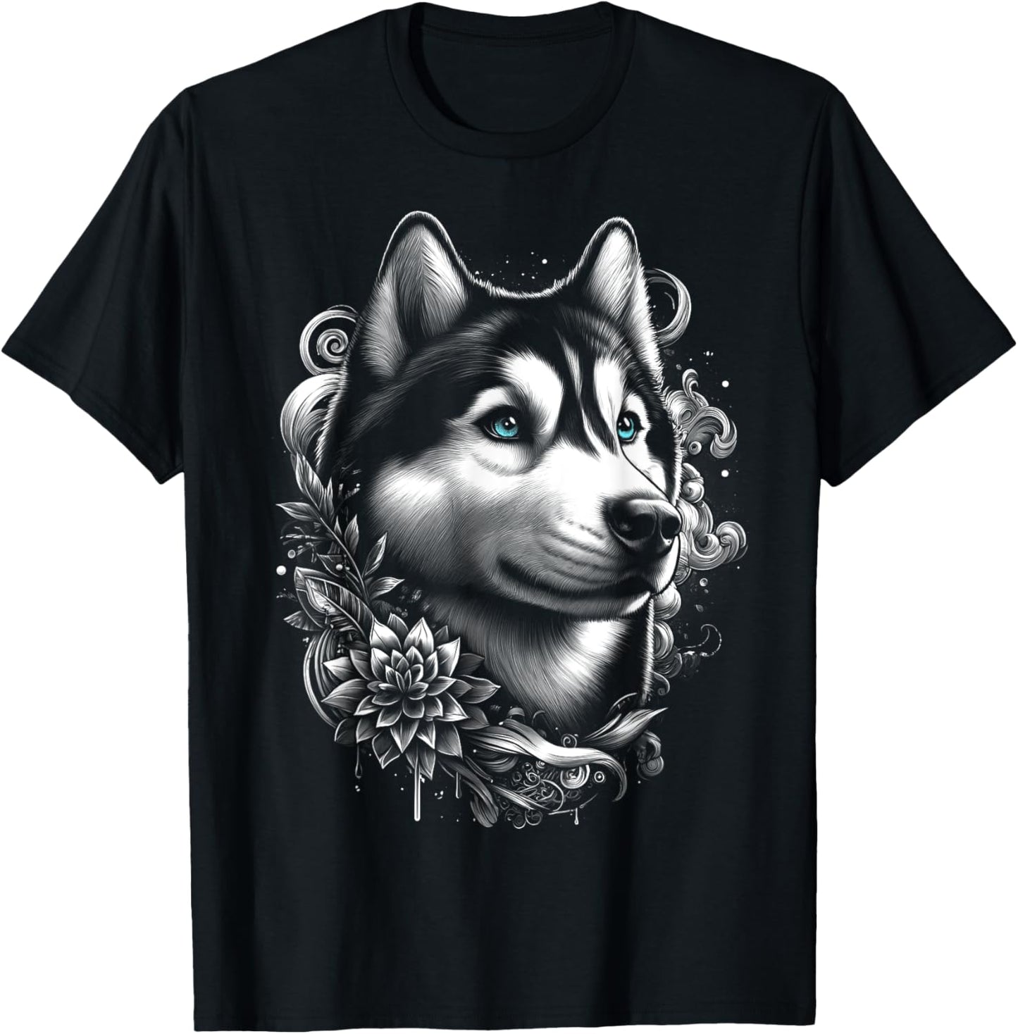 Cool Husky with Blue Eyes and Flowers Decoration T-Shirt