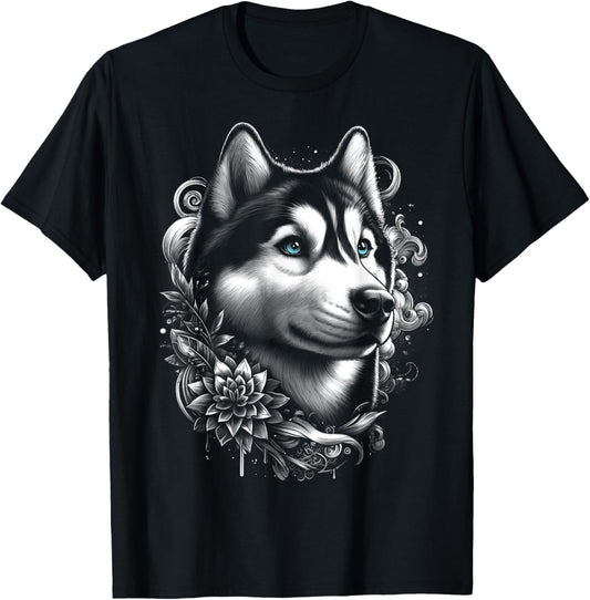 Cool Husky with Blue Eyes and Flowers Decoration T-Shirt