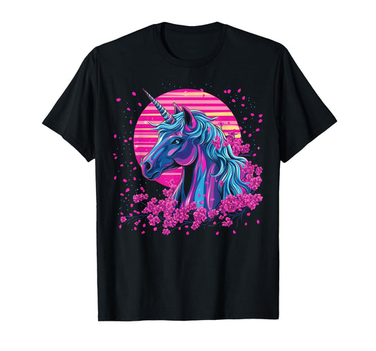 Vaporwave Unicorn Cherry Blossoms Retro Synthwave Aesthetic T-Shirt