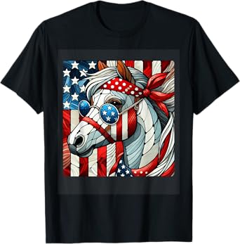 Horse 4th of July Shirt Women Girls Horse American USA Flag T-Shirt
