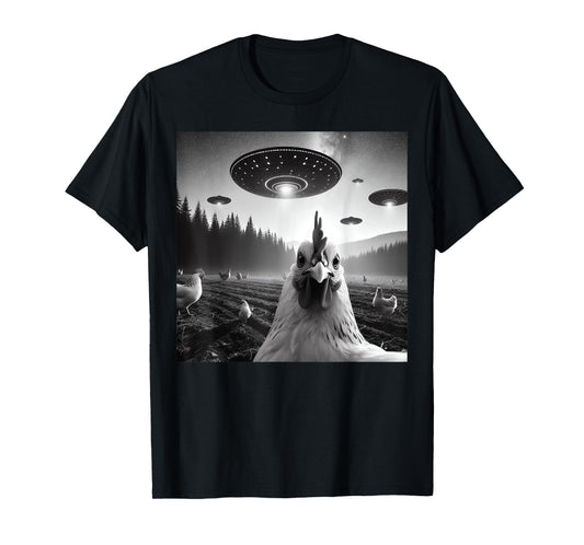 Chicken Rooster Funny Selfie Chicken with UFOs Weird Aliens T-Shirt