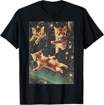 Funny Cat Kittens in Space Cute Retro Art Vintage T-Shirt