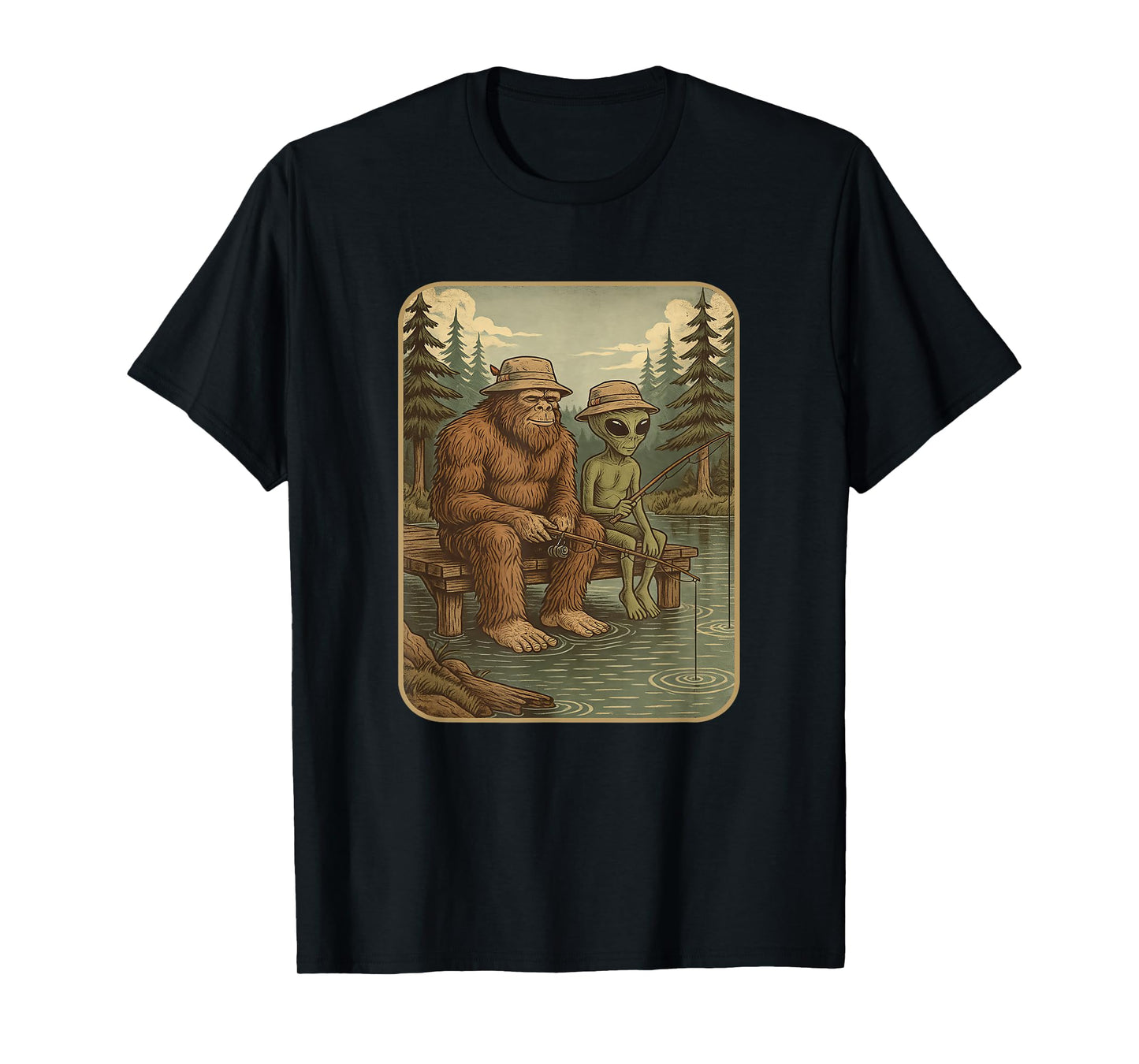 Bigfoot Fishing Shirt Men Boys Sasquatch Fishing Distressed T-Shirt