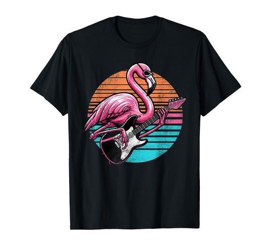 Vintage Style Flamingo Playing Guitar Rock And Roll Retro T-Shirt