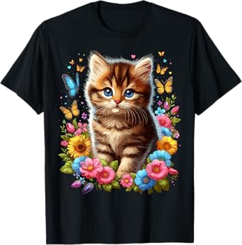 Kitten Lover Flower Cut Cat T-Shirt for Men Women Kids