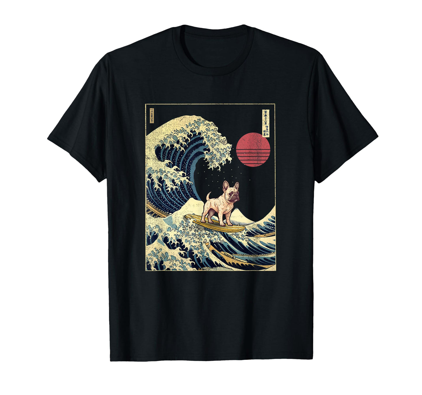 French Bulldog Japanese Kanagawa Wave Funny Surf Dog T-Shirt