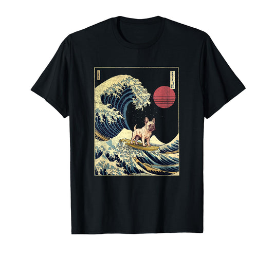 French Bulldog Japanese Kanagawa Wave Funny Surf Dog T-Shirt