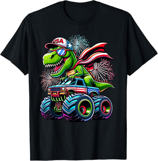 Dinosaur T rex 4th July Monster Truck American USA Flag T-Shirt