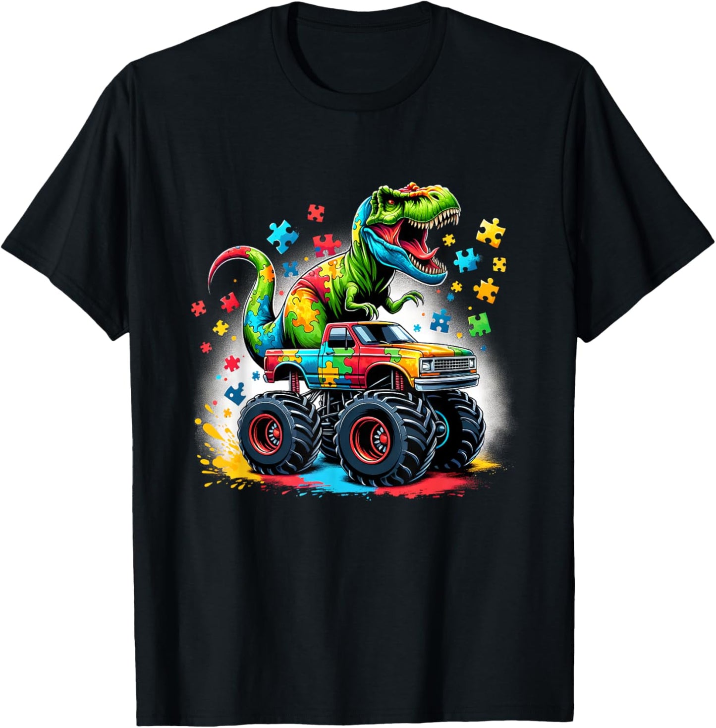 Dinosaur T Rex Riding Monster Truck Autism Awareness Boy Kid T-Shirt