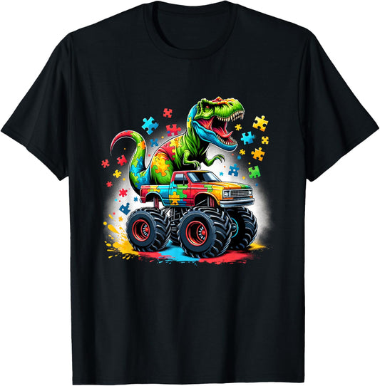Dinosaur T Rex Riding Monster Truck Autism Awareness Boy Kid T-Shirt