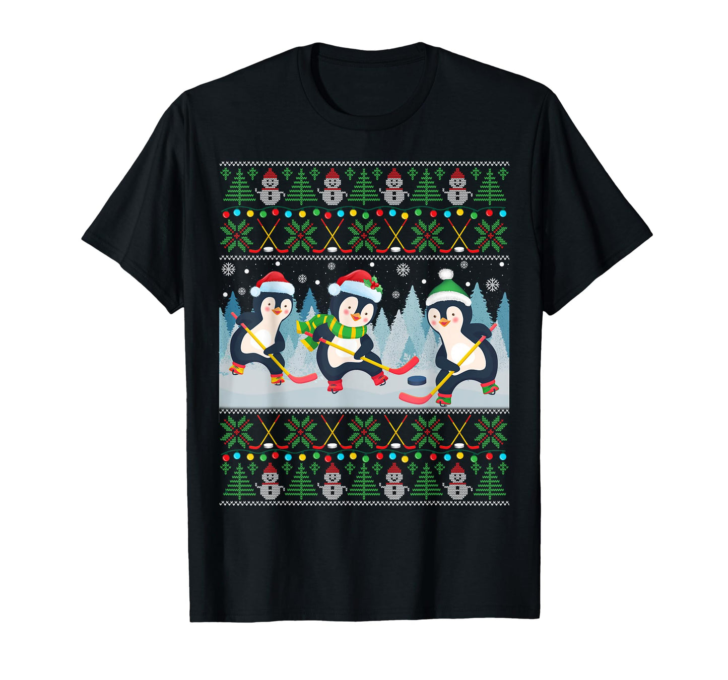 Penguin Playing Hockey Ugly Christmas Sweater Penguin Santa T-Shirt