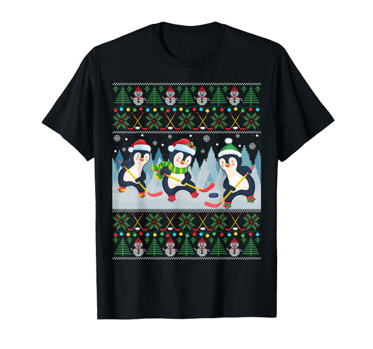 Penguin Playing Hockey Ugly Christmas Sweater Penguin Santa T-Shirt
