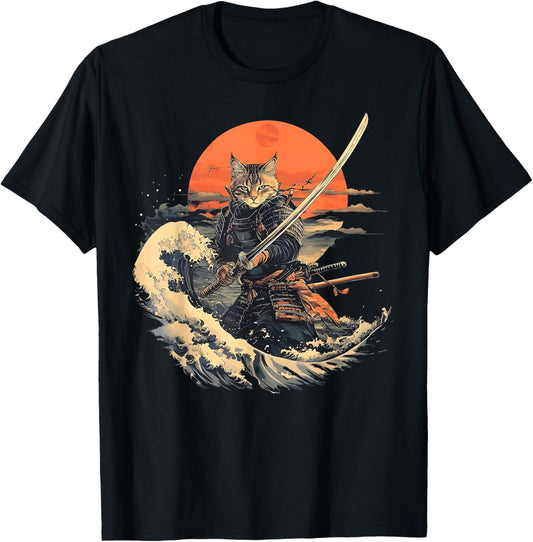 Samurai Cat Graphic Tee Warrior Vintage Japanese Art Anime T-Shirt