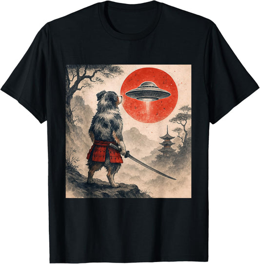 Australian Shepherd Samurai UFO Vintage Japanese Ukiyo-e Dog T-Shirt