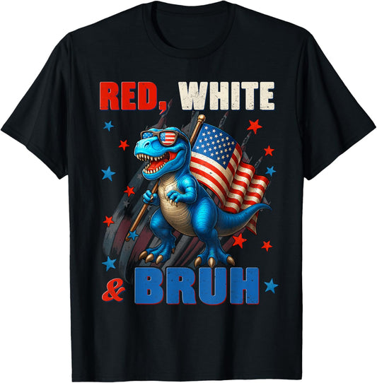 Red White Bruh Dinosaur American Flag 4th Of July Boys Kids T-Shirt