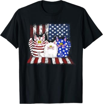 Three Cats American Flag - Blue - Cat - White - Cat - Red - T-Shirt