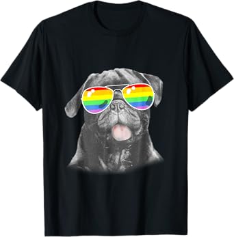 Funny Cool black Pug Dog Gay Pride Flag Sunglasses LGBT T-Shirt