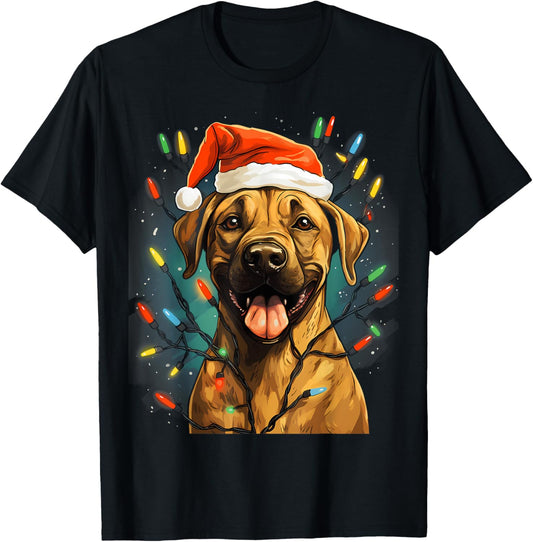 Xmas Black Mouth Cur Dog Tangled Christmas Lights T-Shirt