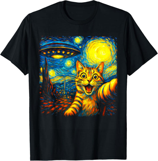 Cat Selfie With Alien UFO Funny Starry Night Van Gogh T-Shirt