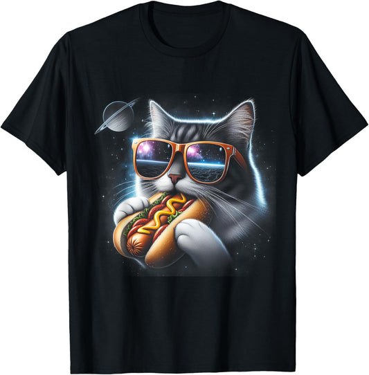 Funny Cat eating Hotdog in space kitty Space Galaxy T-Shirt