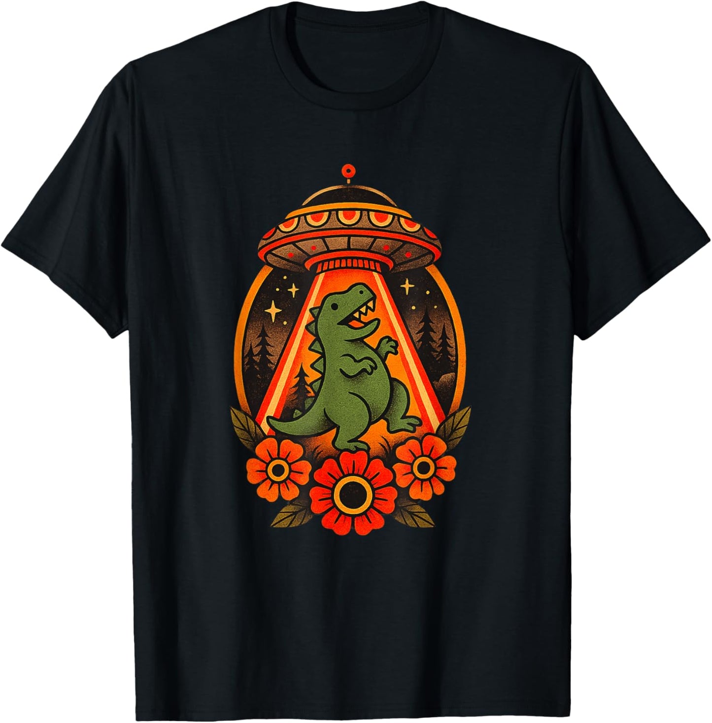 Dinosaur Abduction Retro Tattoo Style Alien UFO Dino T-Shirt