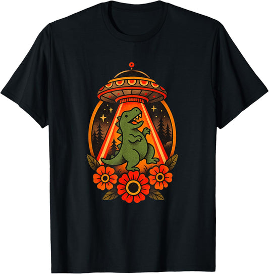 Dinosaur Abduction Retro Tattoo Style Alien UFO Dino T-Shirt