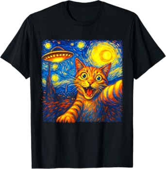 Cat Selfie With Alien UFO Funny Starry Night Van Gogh J T-Shirt