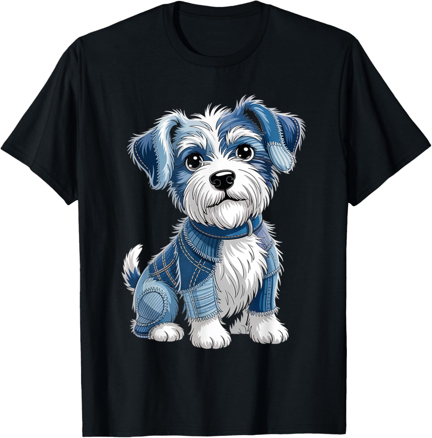 Retro Funny Denim Patch Animal Dog Print T-Shirt