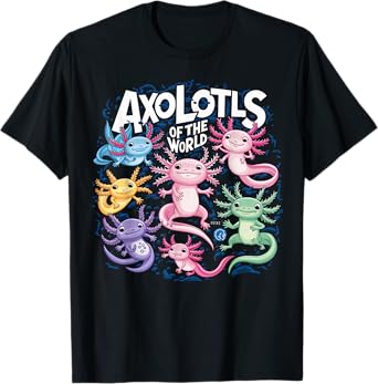 Axolotl Fans & Adorable Aquatic Creatures Apparel Unisex-Adults Kids T-Shirt Black Cartoon Axolotls of the World Cute Artistic Design Small Classic Fit Short Sleeve Cotton, Polyester