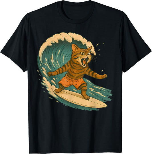 Surfing Cat Funny Beach Retro Cat On Surfboard Cat Lovers T-Shirt
