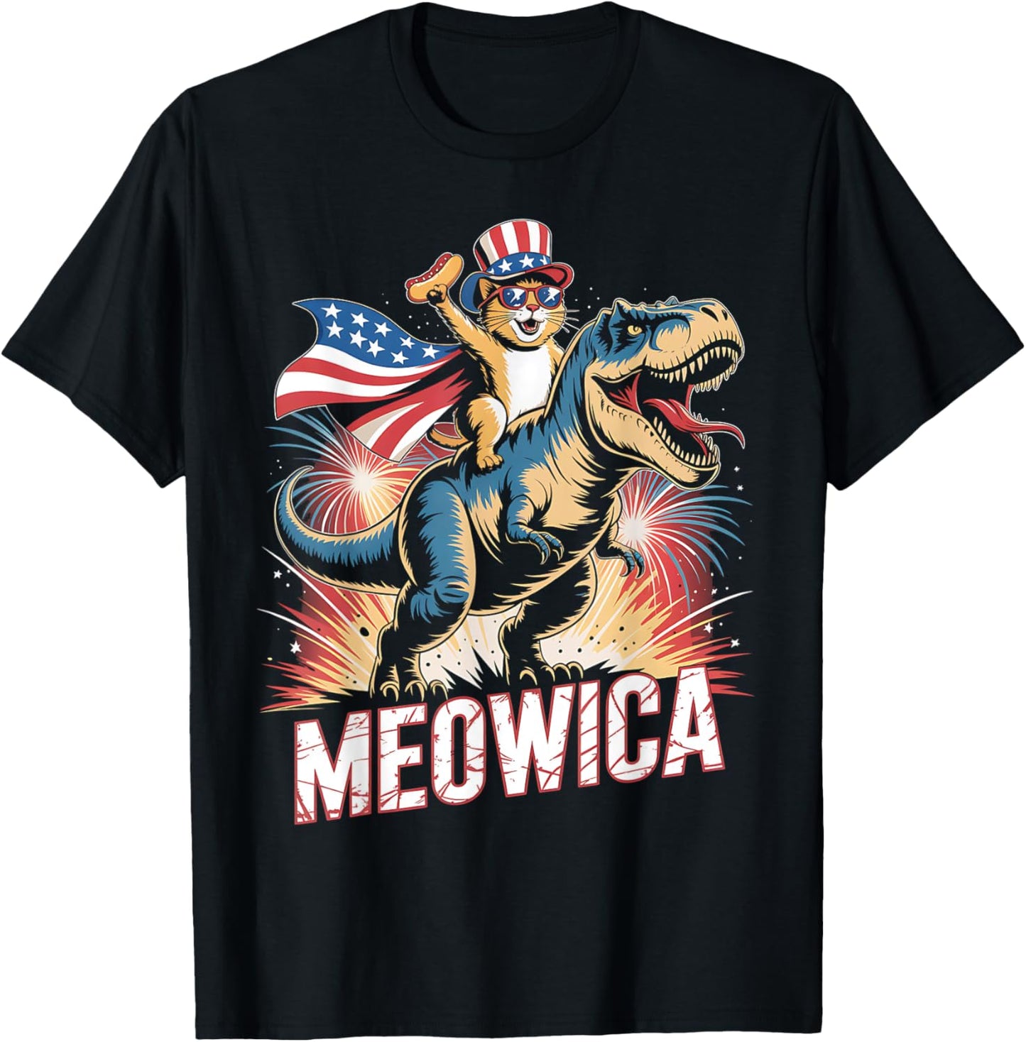 Meowica Cat Dinosaur 4th of July American Flag Kids T-Shirt