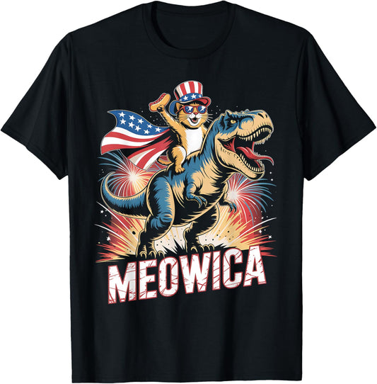 Meowica Cat Dinosaur 4th of July American Flag Kids T-Shirt