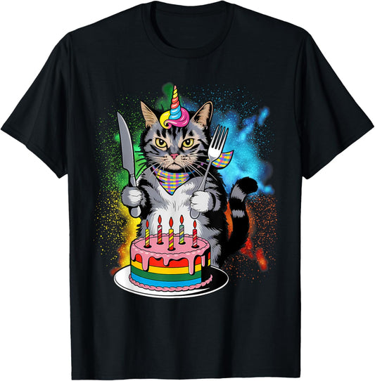 Funny Cat Unicorn with A Birthday Cake T-Shirt