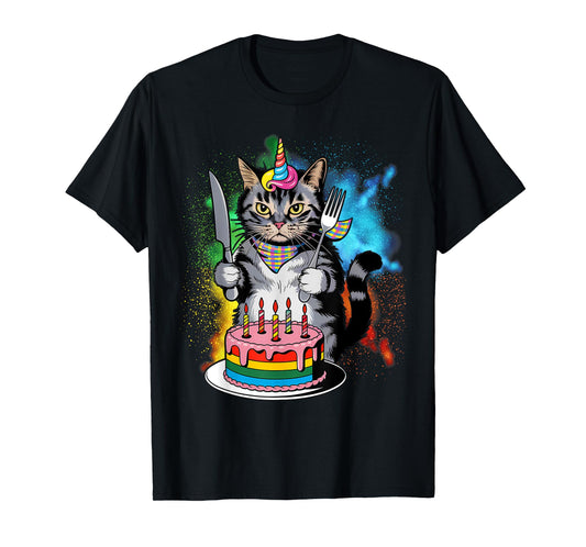 Funny Cat Unicorn with A Birthday Cake T-Shirt
