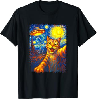 Cat Selfie With Alien UFO Funny Starry Night Van Gogh T-Shirt for Men Women Kids