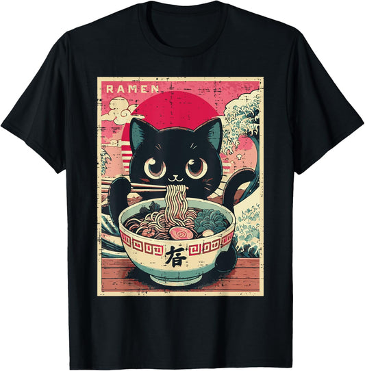 Japanese Anime Cat Ramen Kawaii Poster Art Girls Kids Women T-Shirt