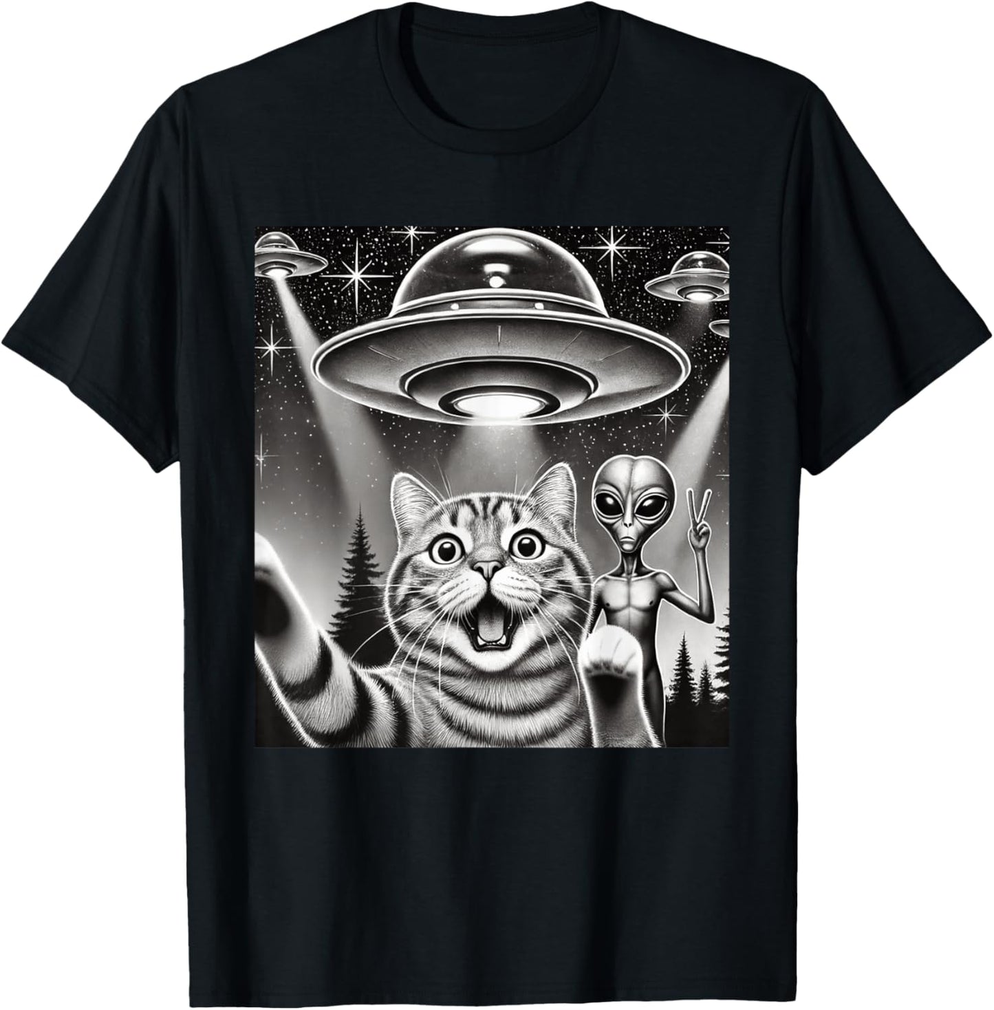 Funny Cat Selfie with UFO Alien Abduction Extraterrestrial T-Shirt